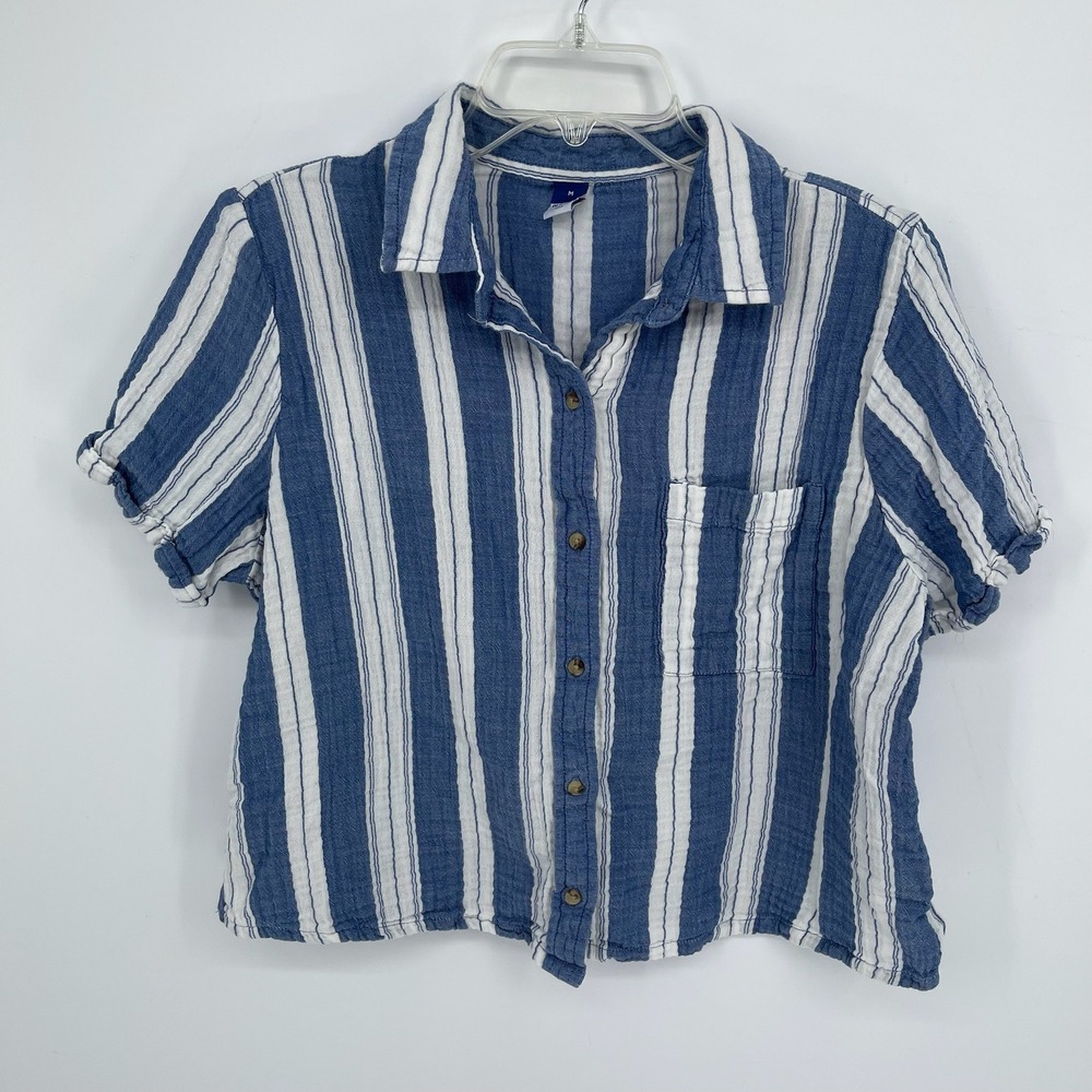 Old Navy Women's Blue Striped Gauze Pocket Short Sleeve Button Up Shirt Size M